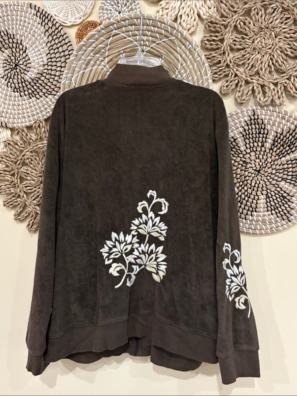 TALBOTS Terry Cloth Full Zip Brown Jacket ~sz XL with embroidery